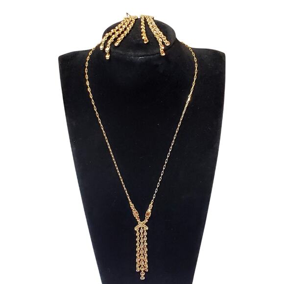 Gold Tone Brown Rhinestone Necklace Earring Set Unsigned 16" Elegant Vtg - Picture 11 of 11